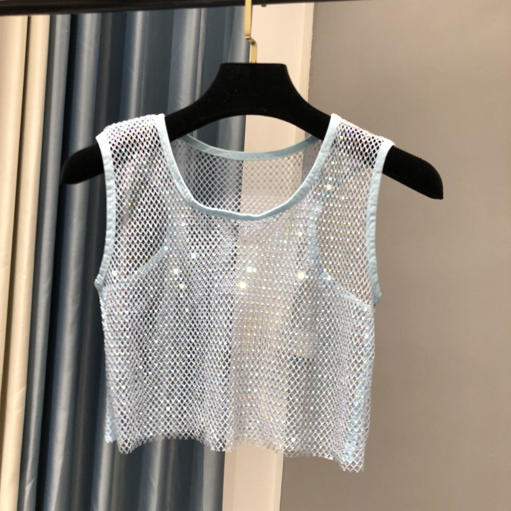 Summer new net diamond crystal I-shaped vest AB colored diamond short version party bling shiny exposed waist top