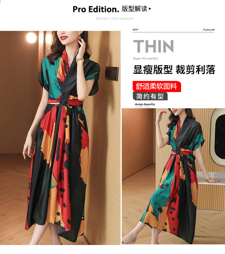 Simple Style Women's High-end Tea Break French dress Summer Short-sleeved 2022 Elegant Printed Large Dress