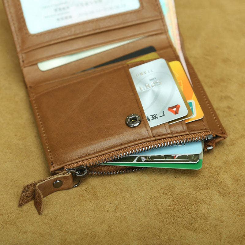 Shikangxin Vintage Genuine Leather Wallet Men's Short Wallet Multifunctional Zipper Bag Casual Oil Wax Cowhide Wallet