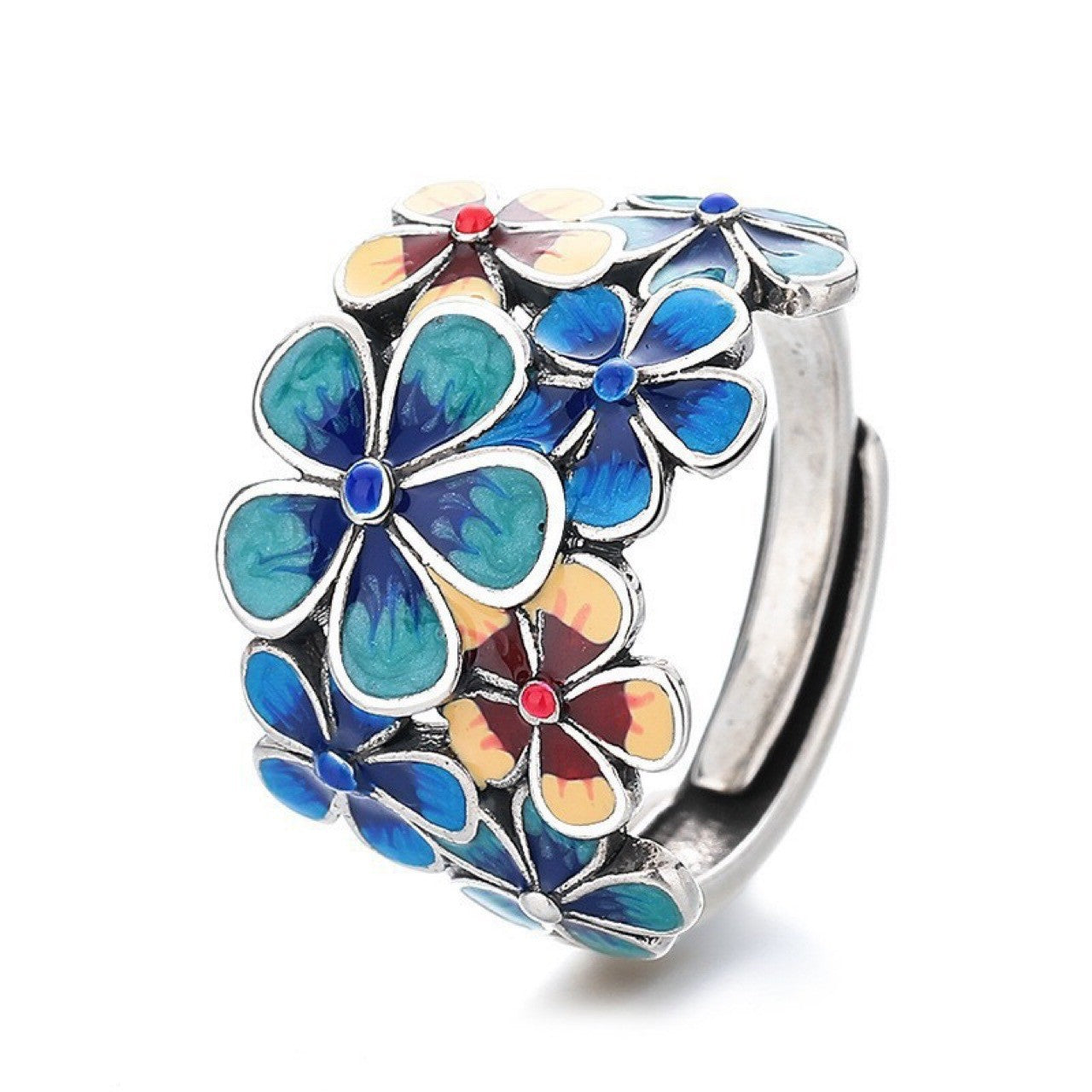 Chinese Style Blooming Flower Ring for Women, Retro Ethnic Style Open Adjustable Creative Index Finger Ring