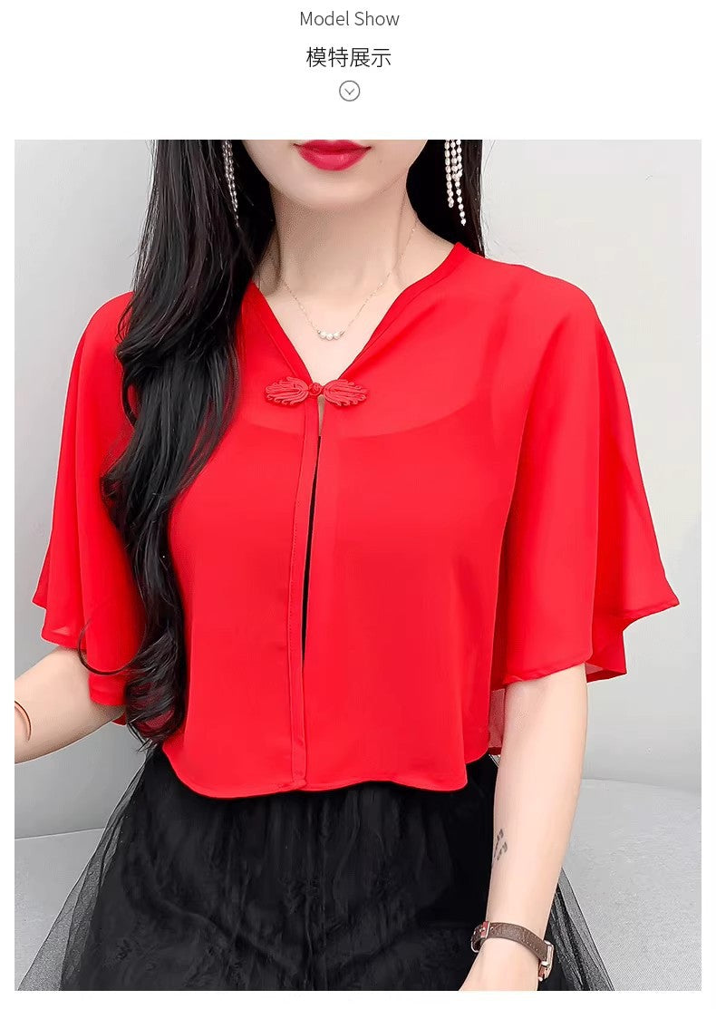 Thin Small Shawl Summer Dress with Sling Skirt Air-conditioning Shirt Women's Cardigan Outer Chiffon Ethnic Style Silver Buckle Small Coat