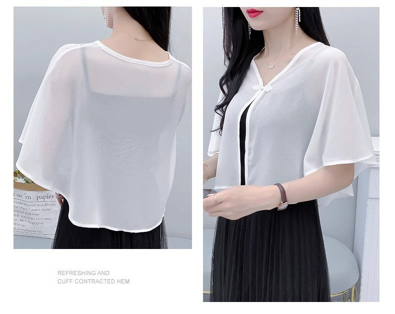 Thin Small Shawl Summer Dress with Sling Skirt Air-conditioning Shirt Women's Cardigan Outer Chiffon Ethnic Style Silver Buckle Small Coat
