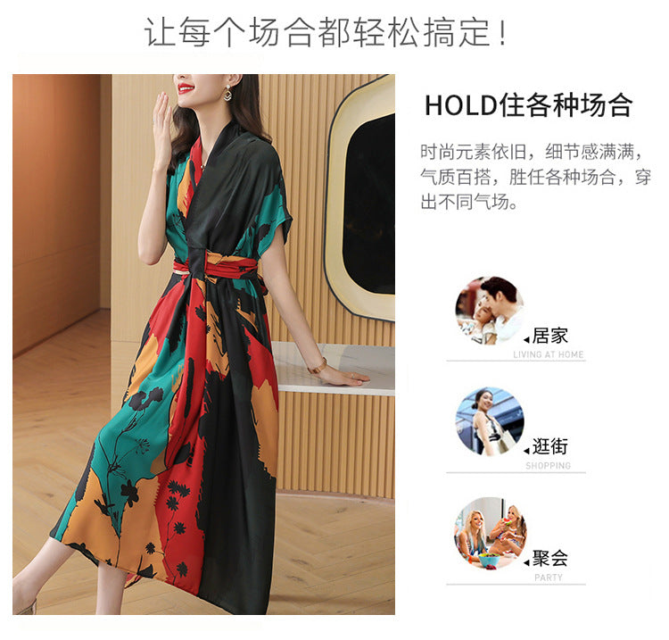 Simple Style Women's High-end Tea Break French dress Summer Short-sleeved 2022 Elegant Printed Large Dress