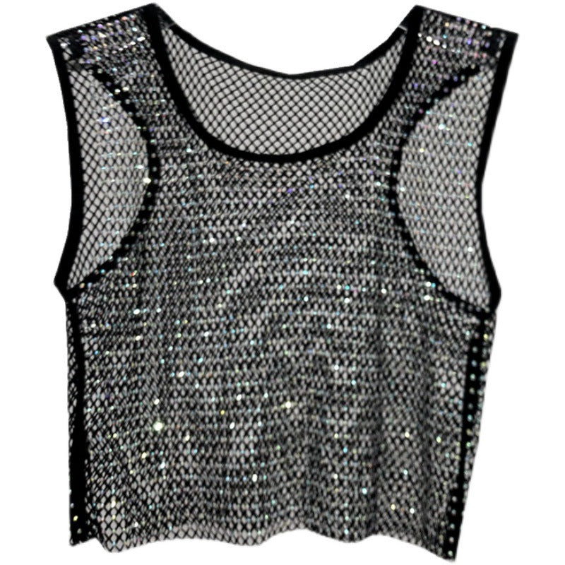 Summer new net diamond crystal I-shaped vest AB colored diamond short version party bling shiny exposed waist top