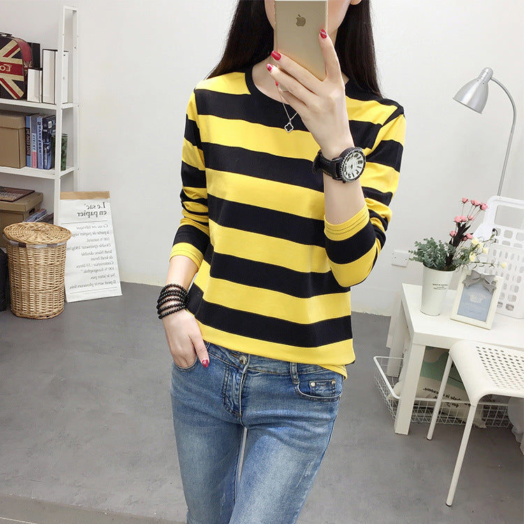 Autumn chubby girl Plus Size Large Size Loose Cotton Long-sleeved T-shirt Women's Middle-aged Mother Base Shirt Striped Top