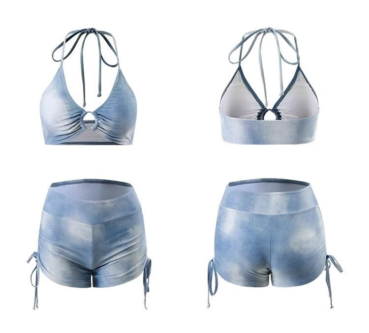 Hot Spring Swimsuit Women's Holiday American Tie-Dye Blue Three-Point Sports Split Flat-Angle Bikini Blouse Three-Piece Set