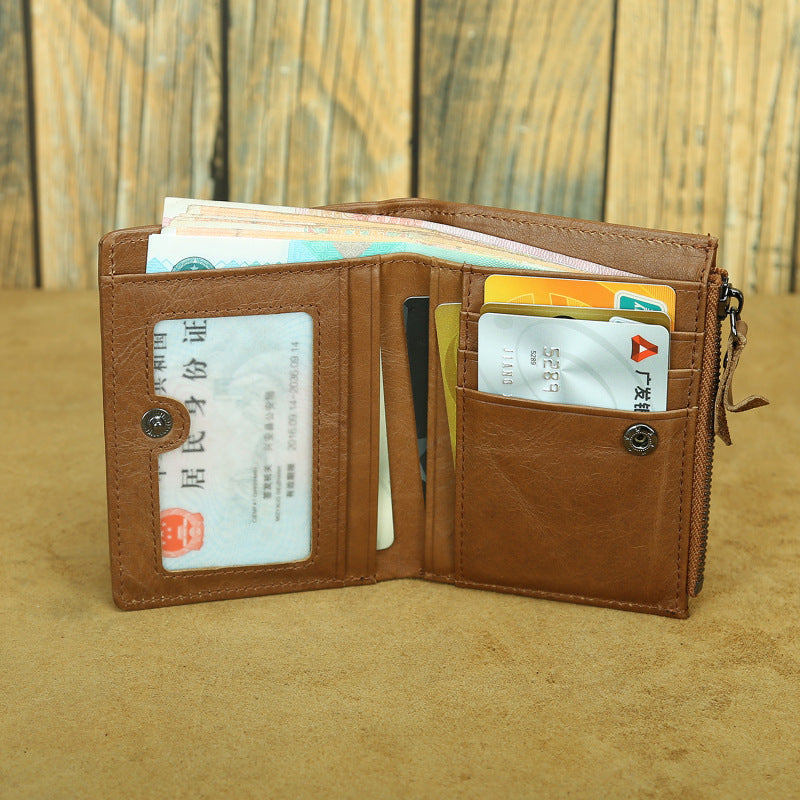 Shikangxin Vintage Genuine Leather Wallet Men's Short Wallet Multifunctional Zipper Bag Casual Oil Wax Cowhide Wallet