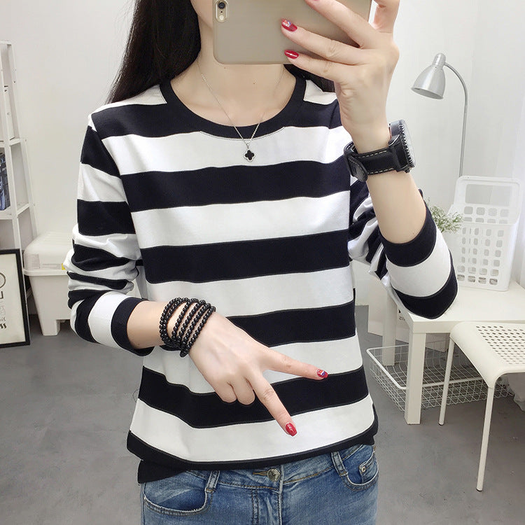 Autumn chubby girl Plus Size Large Size Loose Cotton Long-sleeved T-shirt Women's Middle-aged Mother Base Shirt Striped Top