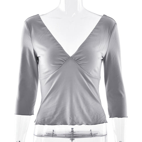 Spring Summer Deep V Plunge Low Collar Backless Half Sleeve T shirt