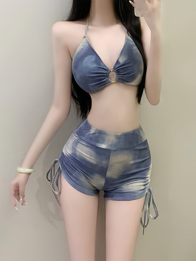 Hot Spring Swimsuit Women's Holiday American Tie-Dye Blue Three-Point Sports Split Flat-Angle Bikini Blouse Three-Piece Set