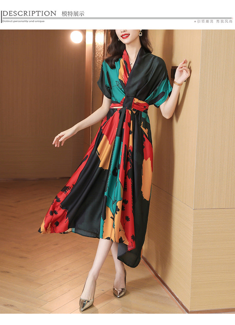 Simple Style Women's High-end Tea Break French dress Summer Short-sleeved 2022 Elegant Printed Large Dress