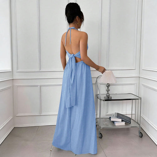 Summer Blue Halter Backless Dress Lace up Waist Slimming Seaside