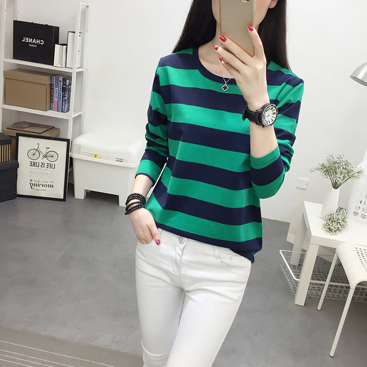 Autumn chubby girl Plus Size Large Size Loose Cotton Long-sleeved T-shirt Women's Middle-aged Mother Base Shirt Striped Top