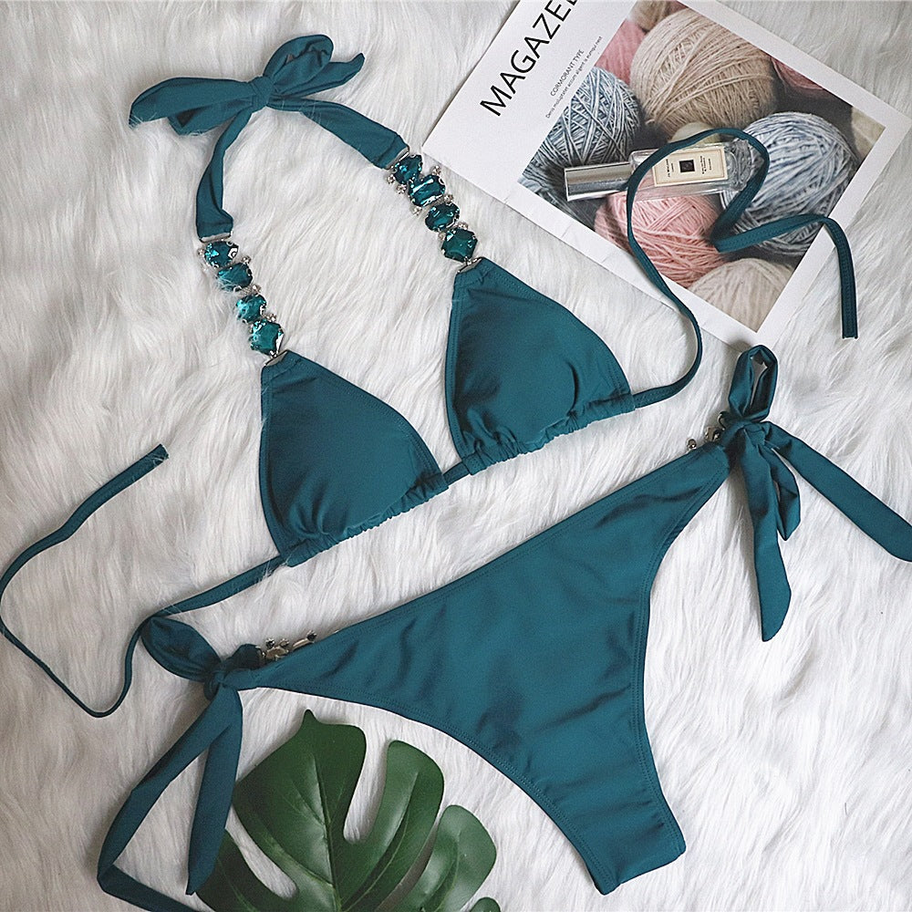 2022 European and American Sexy Bikini Plain Women's Split Strap Luxury Diamond Swimsuit Metal Chain Accessories Swimsuit