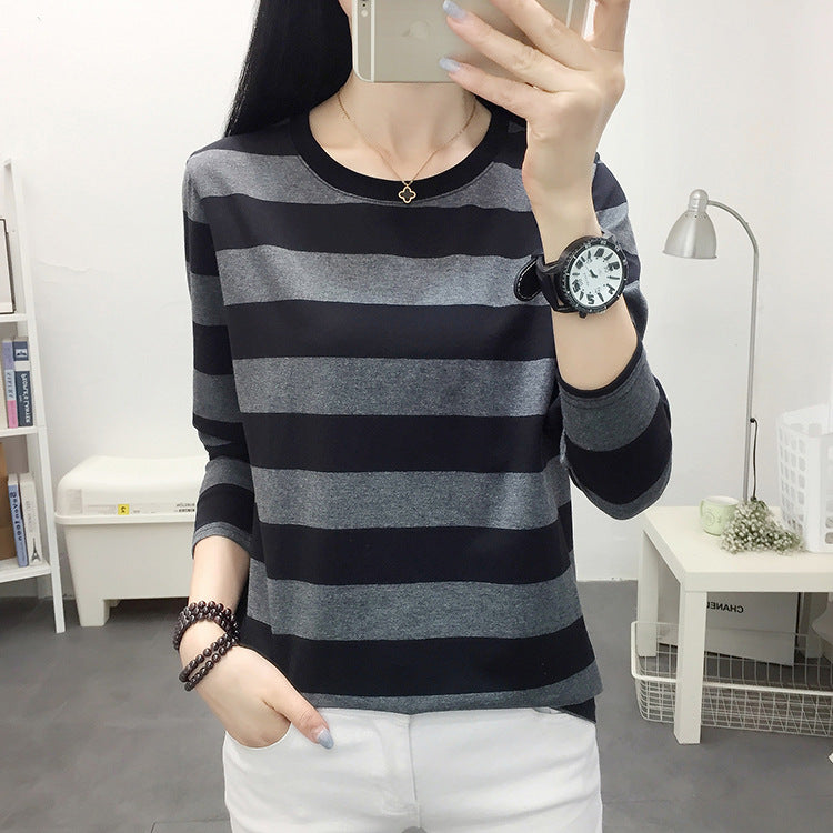 Autumn chubby girl Plus Size Large Size Loose Cotton Long-sleeved T-shirt Women's Middle-aged Mother Base Shirt Striped Top
