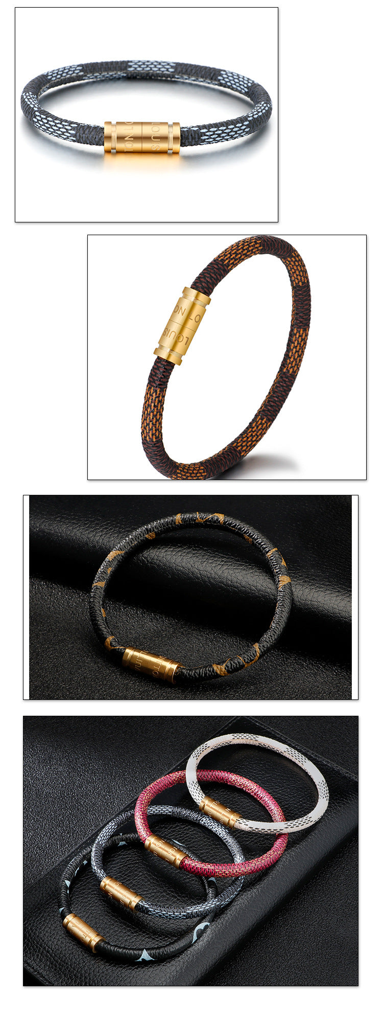 Cross-Border E-Commerce European and American Titanium Steel Lettering Old Pattern Cowhide Rope Bracelet Stainless Steel Magnetic Buckle Male and Female Couple Bracelet