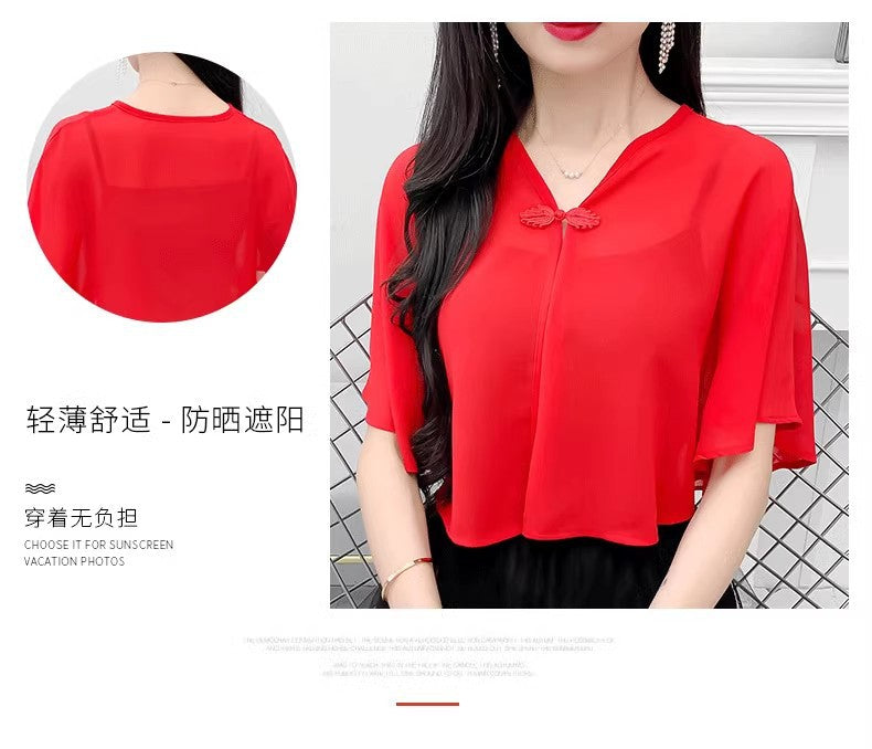 Thin Small Shawl Summer Dress with Sling Skirt Air-conditioning Shirt Women's Cardigan Outer Chiffon Ethnic Style Silver Buckle Small Coat