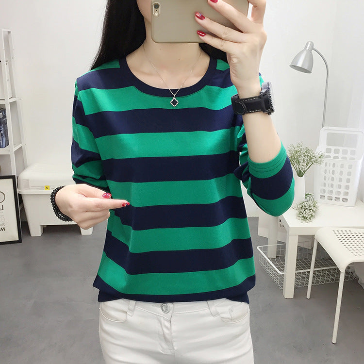 Autumn chubby girl Plus Size Large Size Loose Cotton Long-sleeved T-shirt Women's Middle-aged Mother Base Shirt Striped Top