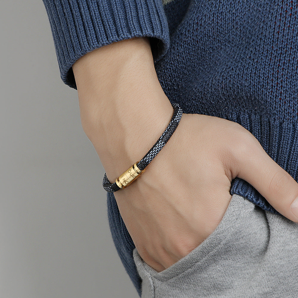 Cross-Border E-Commerce European and American Titanium Steel Lettering Old Pattern Cowhide Rope Bracelet Stainless Steel Magnetic Buckle Male and Female Couple Bracelet