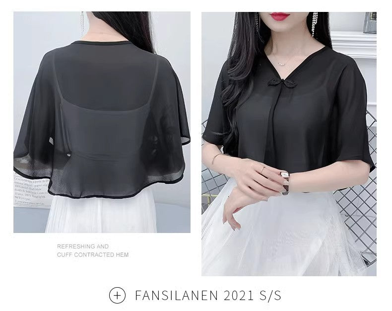 Thin Small Shawl Summer Dress with Sling Skirt Air-conditioning Shirt Women's Cardigan Outer Chiffon Ethnic Style Silver Buckle Small Coat