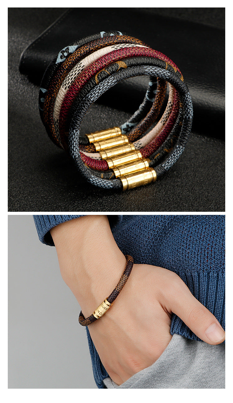 Cross-Border E-Commerce European and American Titanium Steel Lettering Old Pattern Cowhide Rope Bracelet Stainless Steel Magnetic Buckle Male and Female Couple Bracelet
