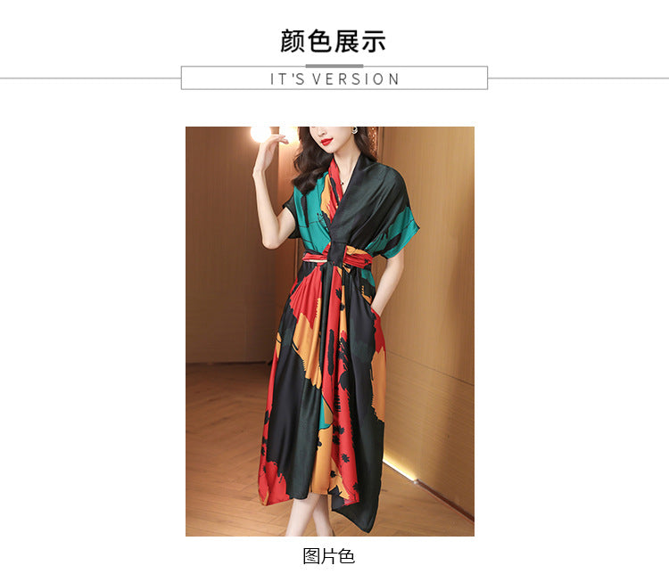 Simple Style Women's High-end Tea Break French dress Summer Short-sleeved 2022 Elegant Printed Large Dress