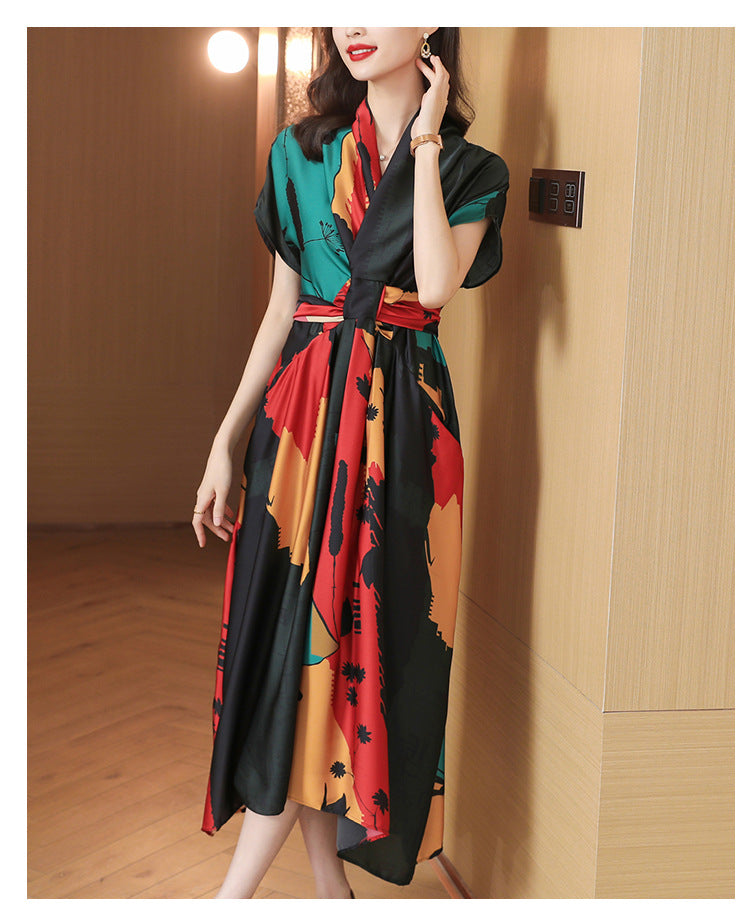 Simple Style Women's High-end Tea Break French dress Summer Short-sleeved 2022 Elegant Printed Large Dress