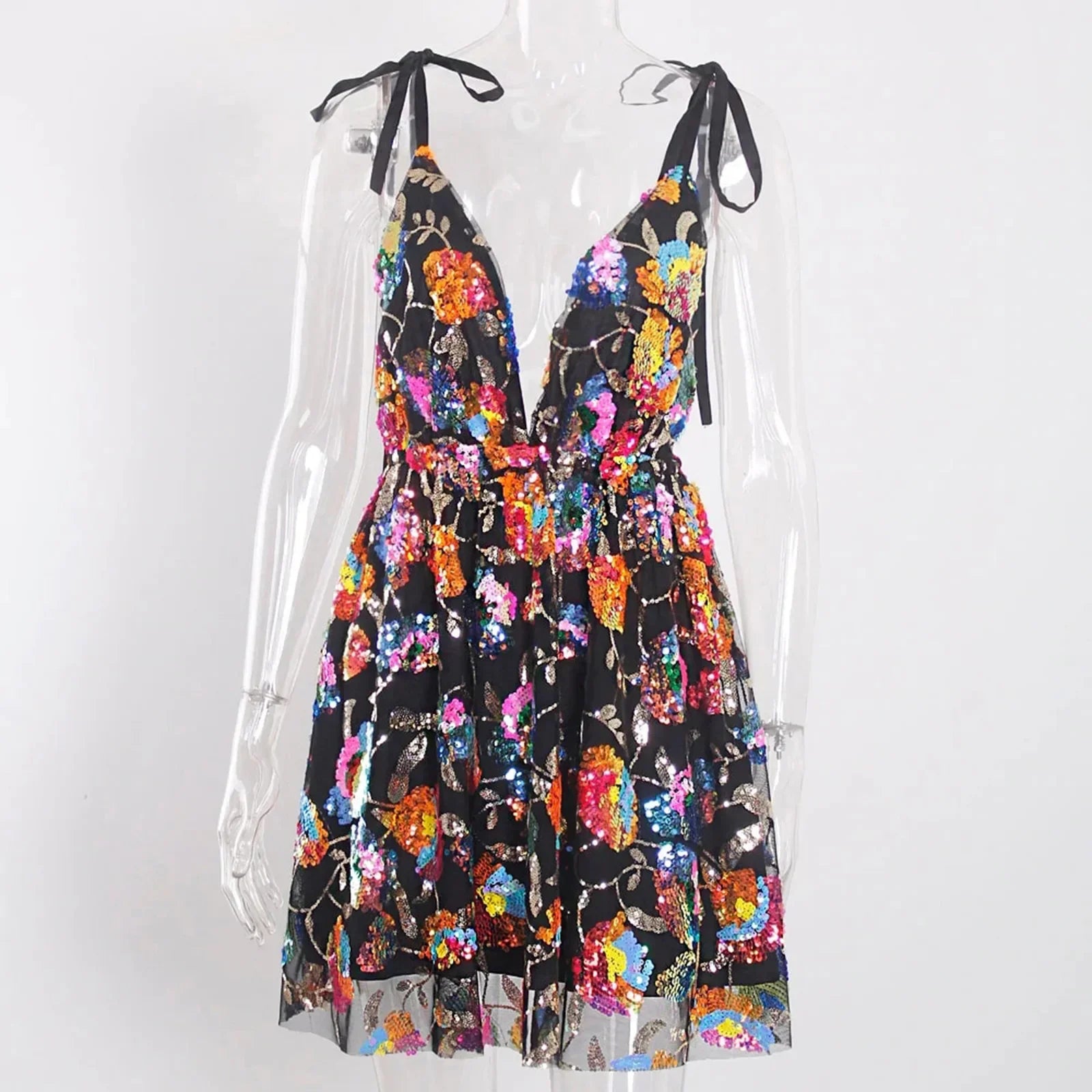 2023 Export Cross-Border Hot Selling Amazon Hot Selling Sexy Deep V Backless Sequined Floral Lace Women's Sexy Short Clothing