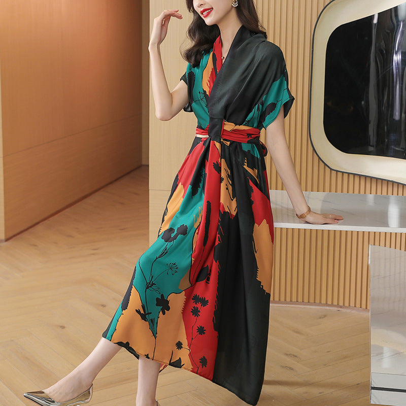 Simple Style Women's High-end Tea Break French dress Summer Short-sleeved 2022 Elegant Printed Large Dress