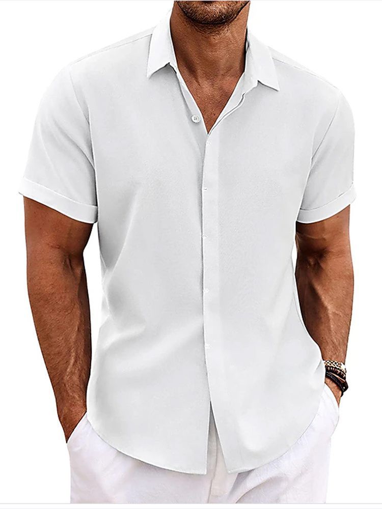 European and American Men's Double Placket Cotton Linen Cardigan Short-sleeved high quality Shirt Summer Home Short-sleeved Lapel Shirt Cross-border