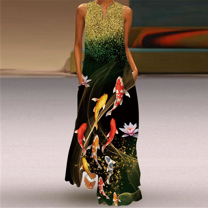 Cross-Border Women's Clothing Amazon Ebay 2026 New European and American Spring and Summer Fashion Printed Sexy Pocketed Long Dress