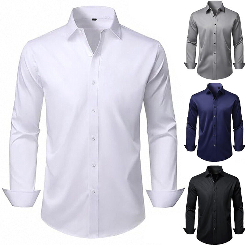 Solid Color Amazon Stretchy Plus-Size Men's Long-Sleeve Shirt, Men's Fashion Shirt, Slim Fit Outerwear
