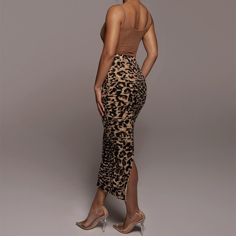 2025 Spring and Summer New High-Waisted Leopard Print Skirt European and American Fashion Sexy Tight Pleated Slit Mid-Length Skirt
