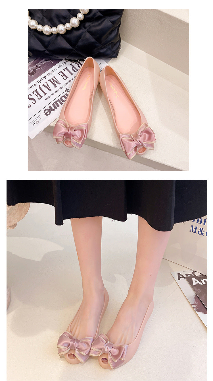 Women's Flat Shoes 2022 New Summer Shallow Soft Bottom Bow Casual Loafers Fish Mouth Plastic Jelly Shoes