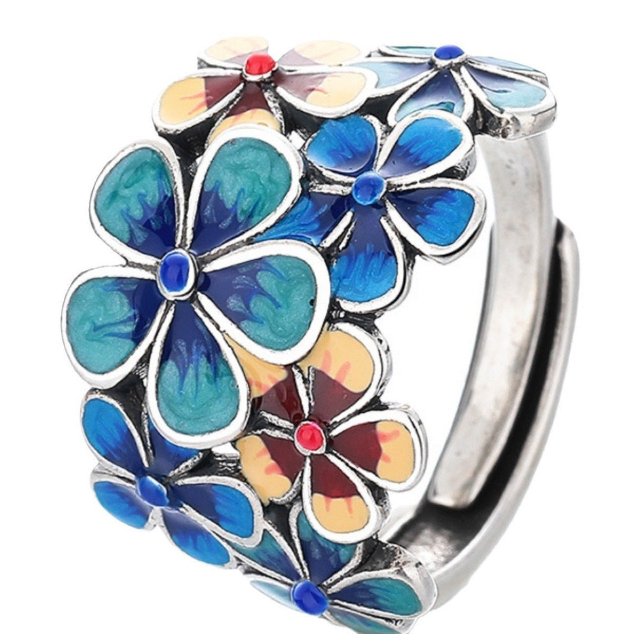 Chinese Style Blooming Flower Ring for Women, Retro Ethnic Style Open Adjustable Creative Index Finger Ring