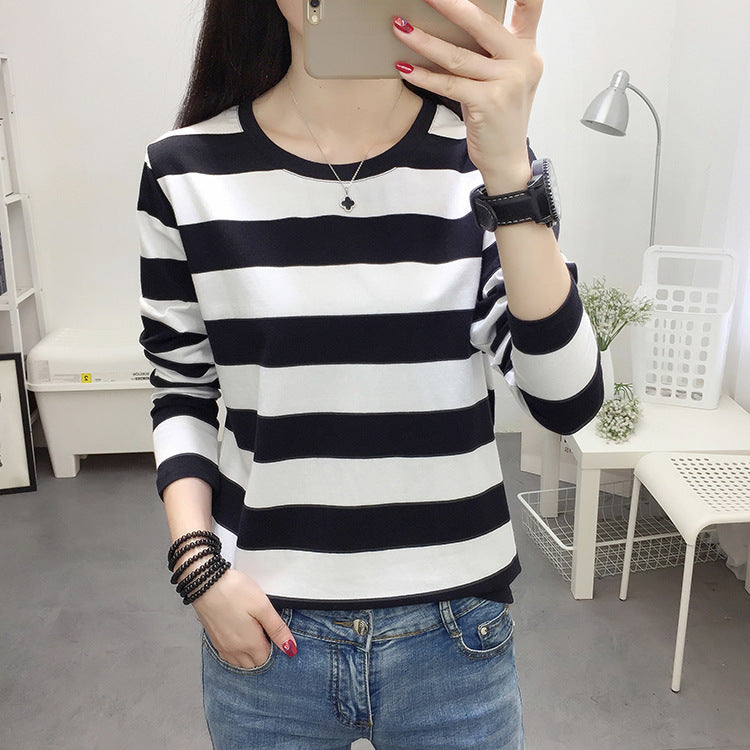 Autumn chubby girl Plus Size Large Size Loose Cotton Long-sleeved T-shirt Women's Middle-aged Mother Base Shirt Striped Top