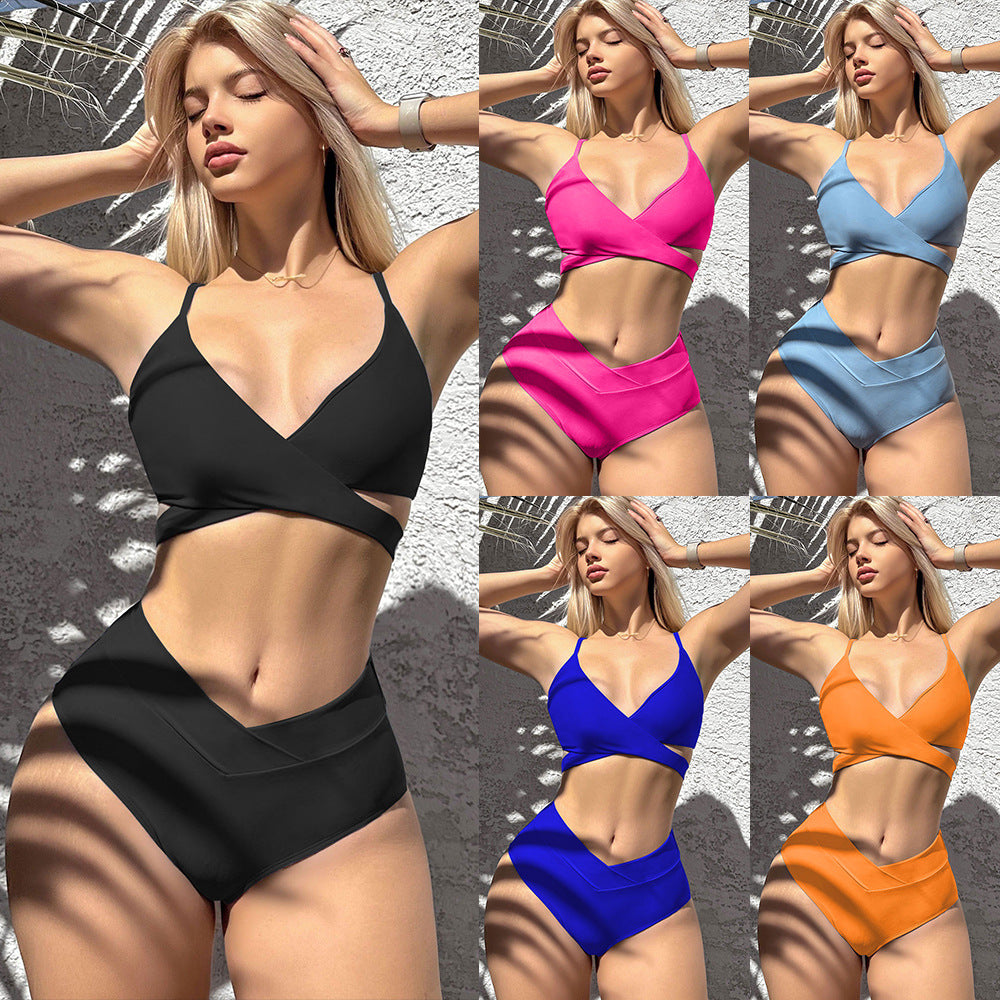 2025 New Bikini Cross-Border European and American Style Aliexpress Solid Color Tie-Up Sexy Bikini Two-Piece Swimsuit Swimwear for Women