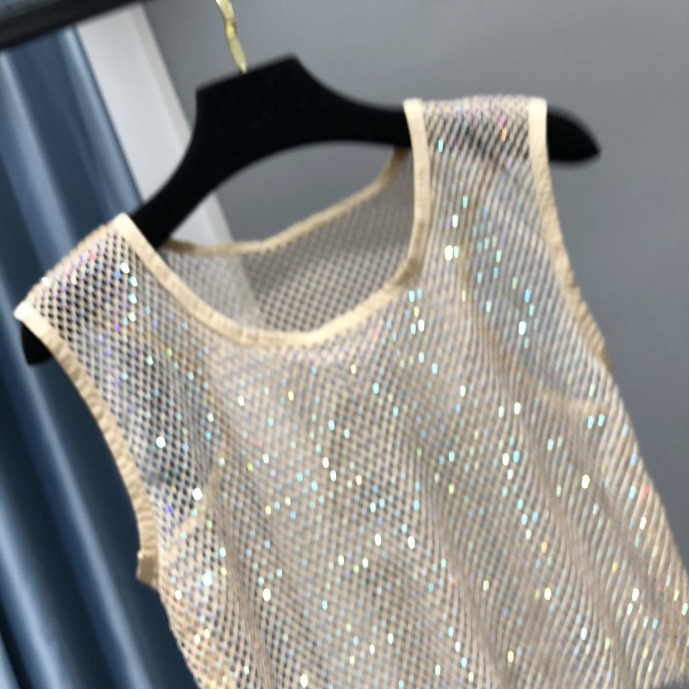 Summer new net diamond crystal I-shaped vest AB colored diamond short version party bling shiny exposed waist top