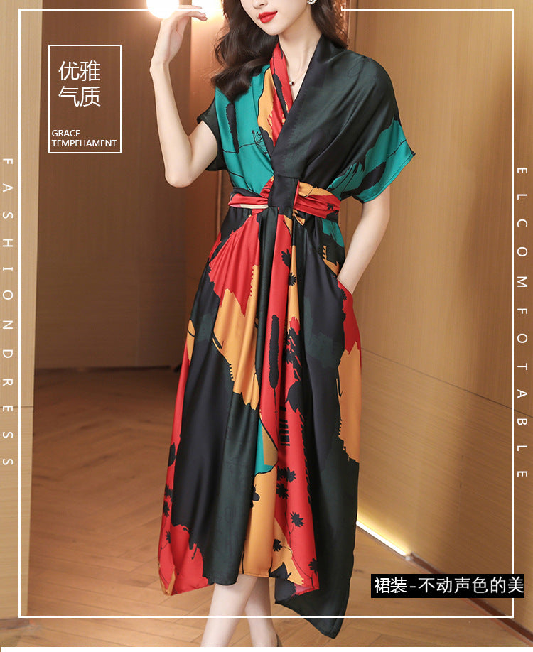 Simple Style Women's High-end Tea Break French dress Summer Short-sleeved 2022 Elegant Printed Large Dress