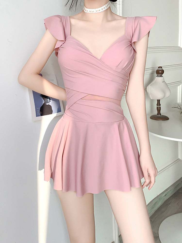 2025 New Swimsuit for Women, Belly-Covering, Slimming Look, One-Piece Skirt-Style Steel Support Push-Up Student Conservative Hot Spring Swimsuit