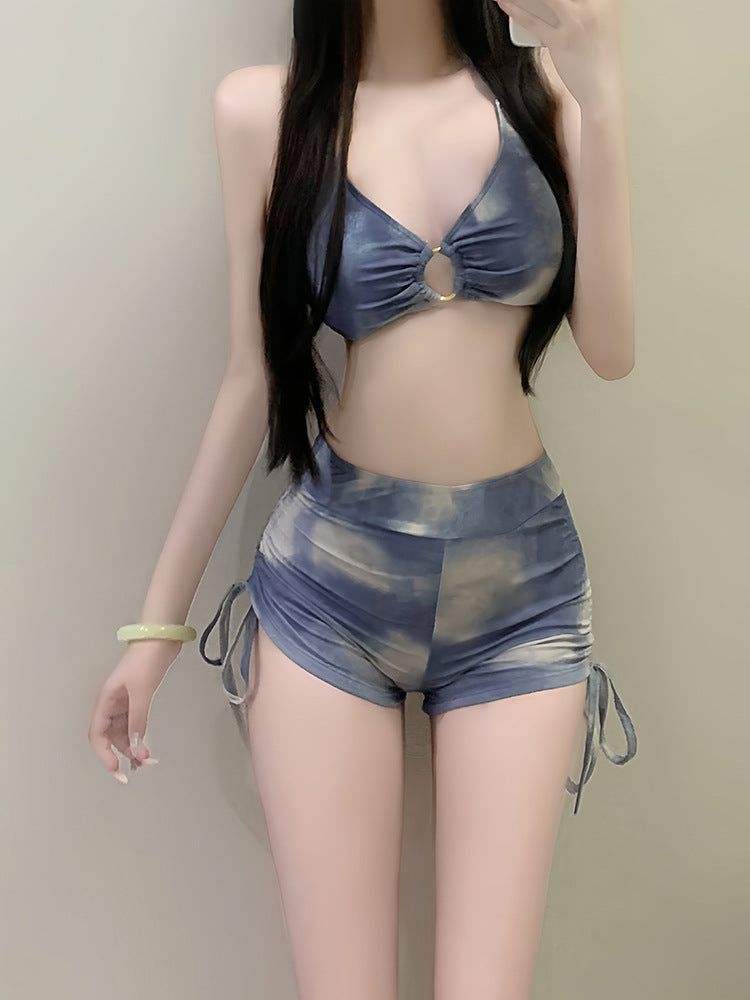 Hot Spring Swimsuit Women's Holiday American Tie-Dye Blue Three-Point Sports Split Flat-Angle Bikini Blouse Three-Piece Set