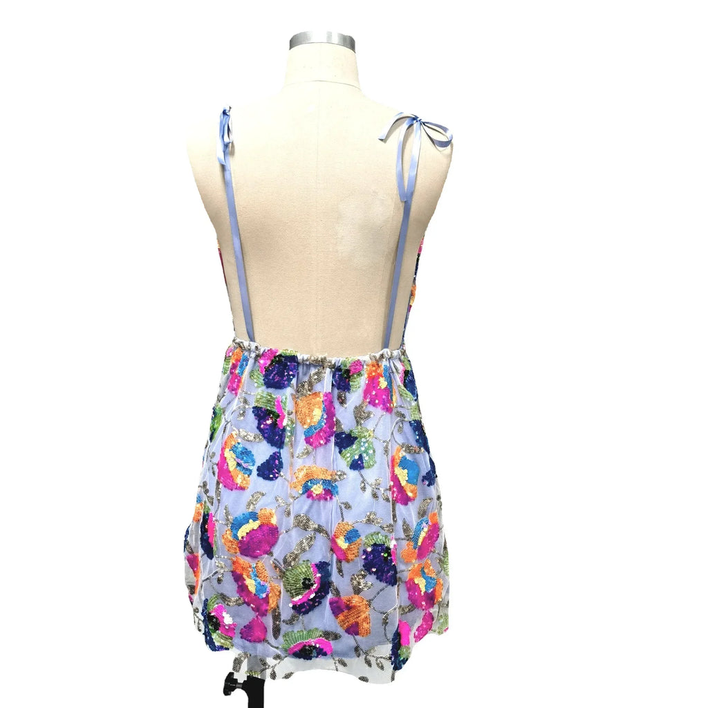 2023 Export Cross-Border Hot Selling Amazon Hot Selling Sexy Deep V Backless Sequined Floral Lace Women's Sexy Short Clothing