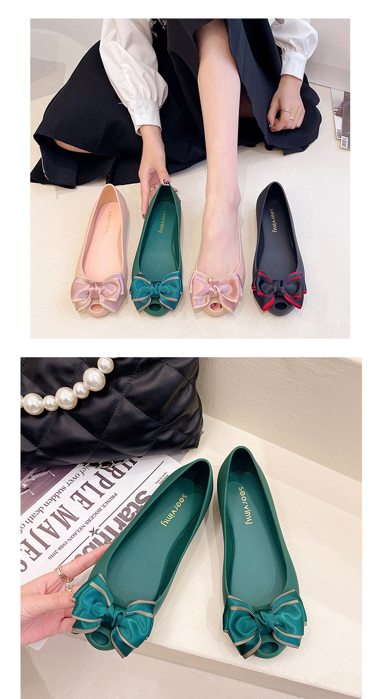Women's Flat Shoes 2022 New Summer Shallow Soft Bottom Bow Casual Loafers Fish Mouth Plastic Jelly Shoes