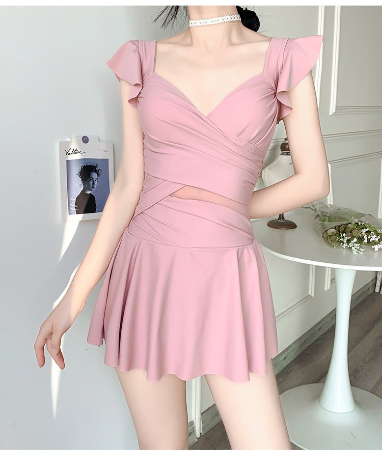 2025 New Swimsuit for Women, Belly-Covering, Slimming Look, One-Piece Skirt-Style Steel Support Push-Up Student Conservative Hot Spring Swimsuit
