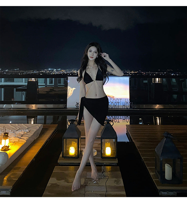 Black Chain Swimsuit Women's Bikini Three-Piece Split Beautiful Back Swimsuit Hot Spring Beach Vacation Halter Sexy