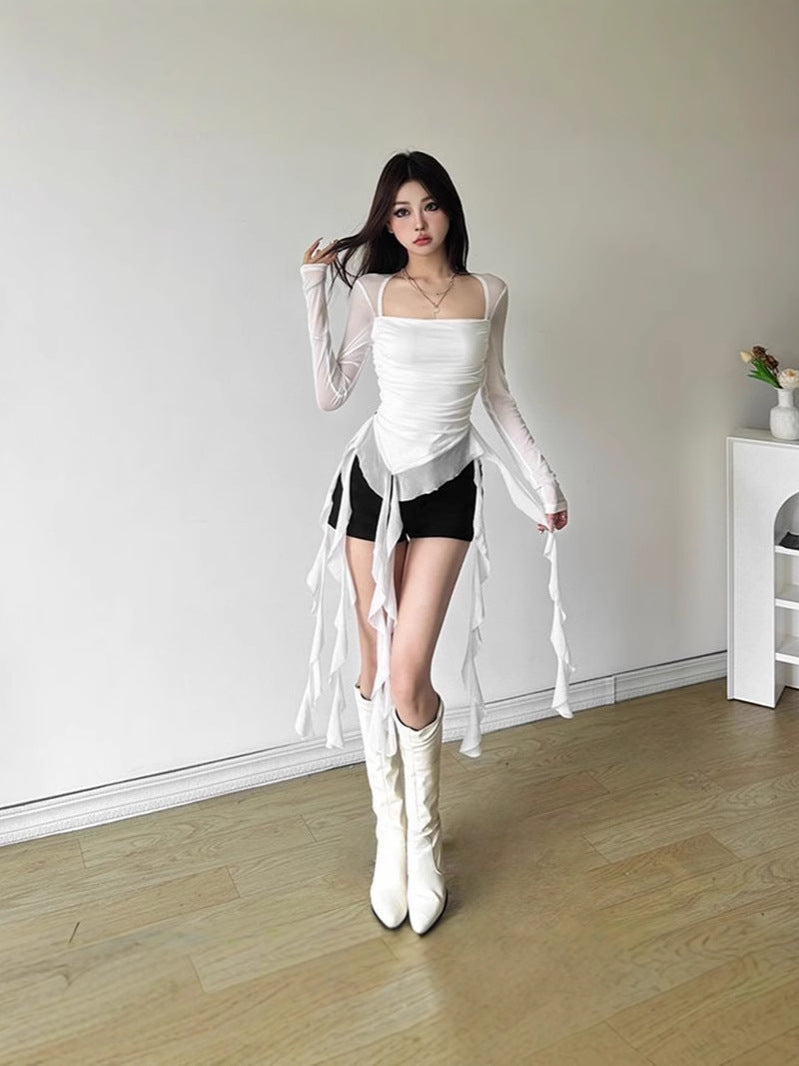 Irregular Ruffled Strap Shoulder T-shirt Women's Early Autumn Niche Design Sense Slim-fit Slimming Hot Girl Sexy Top