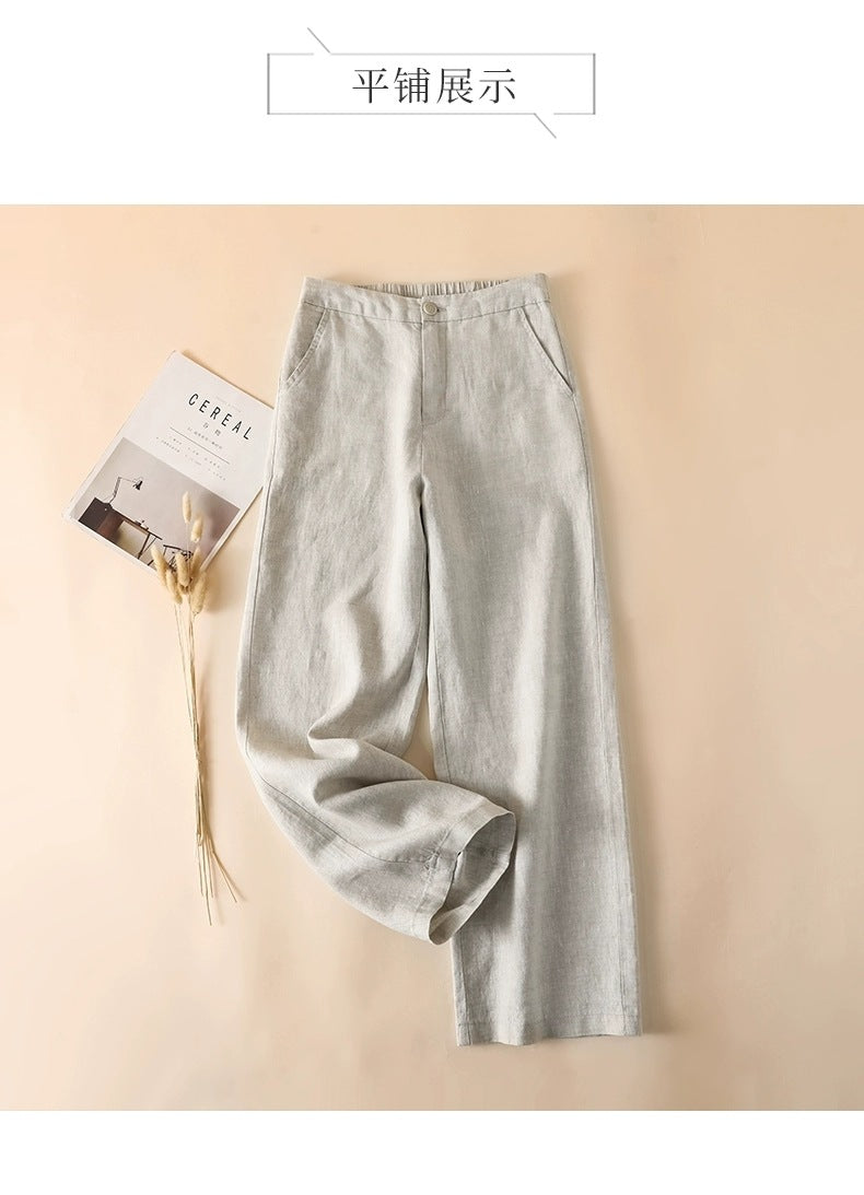 Solid Color Linen Wide-Leg Women's Pants 2023 Summer Loose Slimming Drapey High-Waisted Straight Nine-Point Length Leg-Lengthening