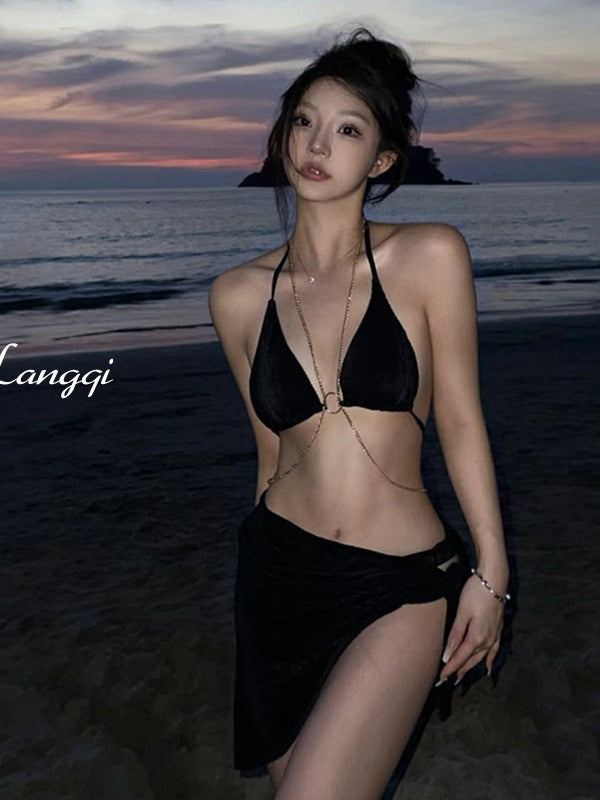 Black Chain Swimsuit Women's Bikini Three-Piece Split Beautiful Back Swimsuit Hot Spring Beach Vacation Halter Sexy