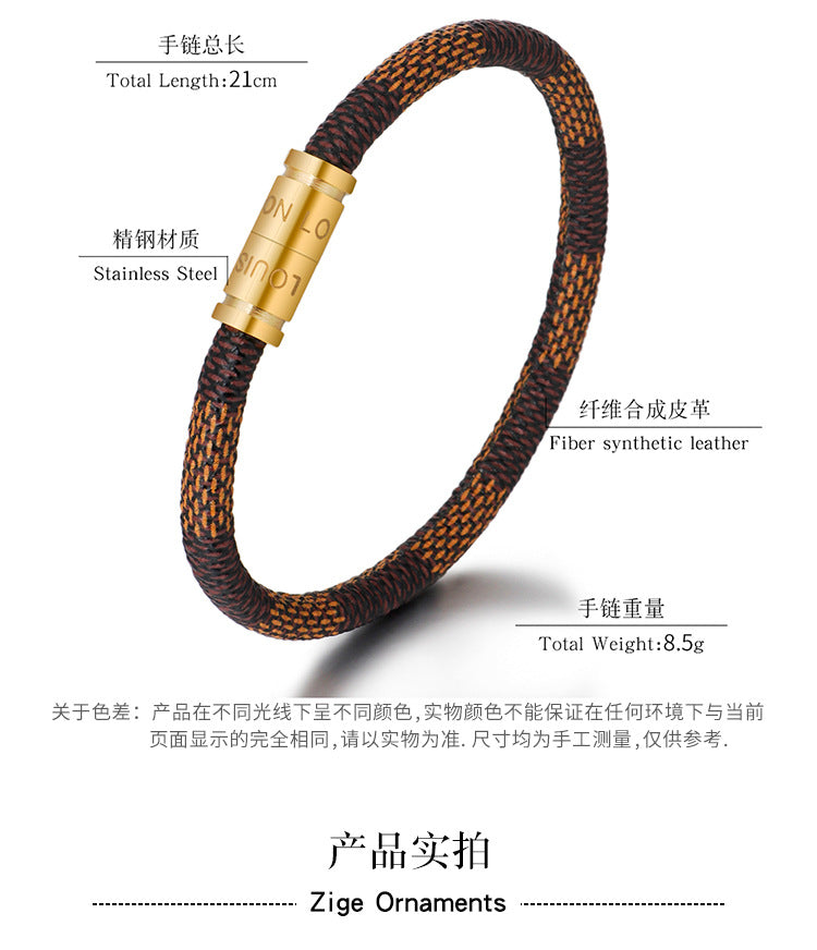 Cross-Border E-Commerce European and American Titanium Steel Lettering Old Pattern Cowhide Rope Bracelet Stainless Steel Magnetic Buckle Male and Female Couple Bracelet