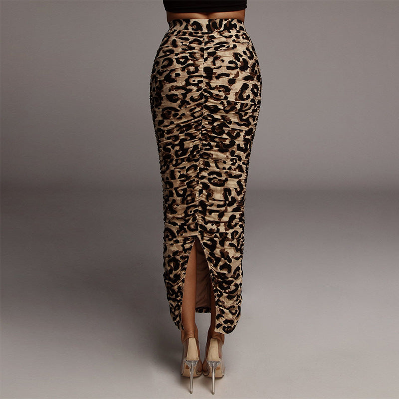 2025 Spring and Summer New High-Waisted Leopard Print Skirt European and American Fashion Sexy Tight Pleated Slit Mid-Length Skirt